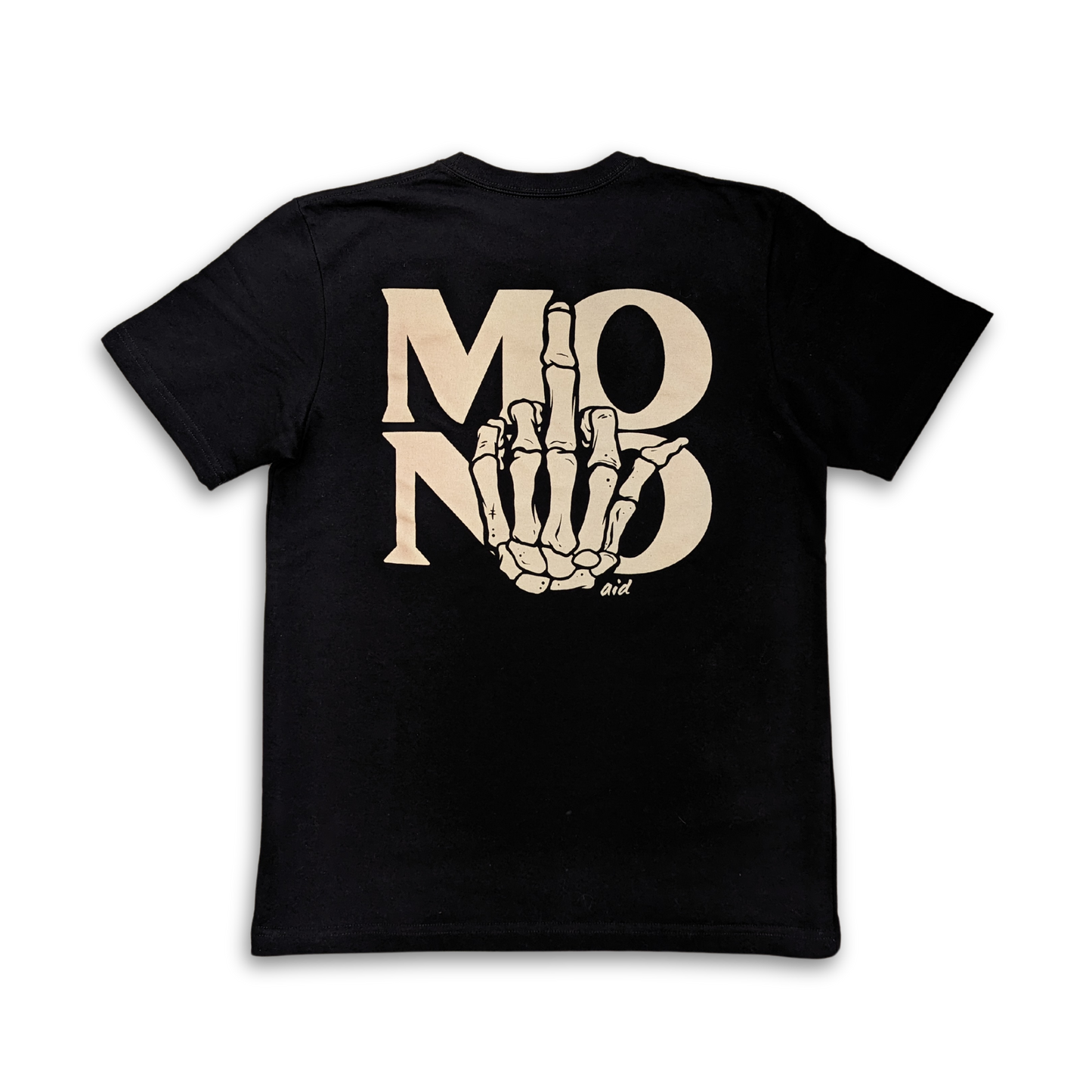 Black Aid t-shirt with beige skeleton hand graphic, looks like a middle finger