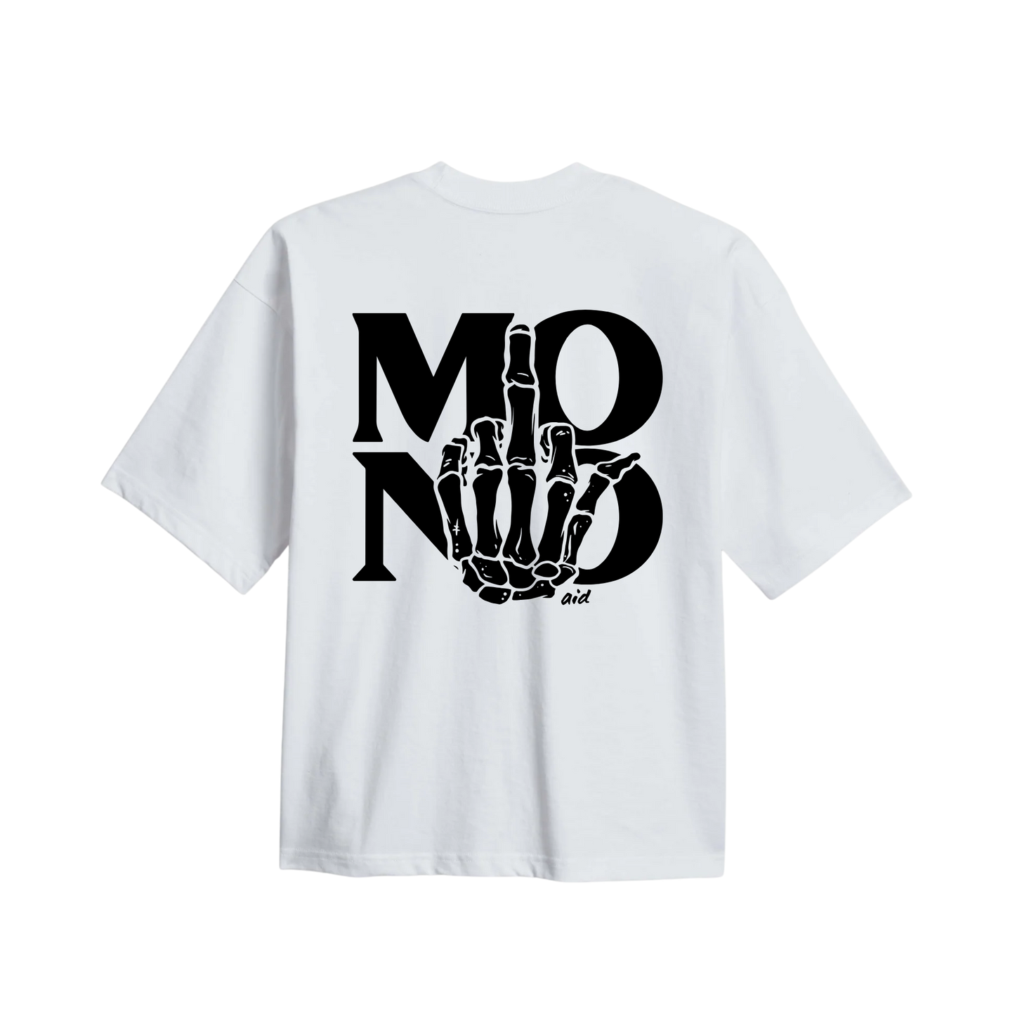White Aid t-shirt with black graphic design on the back that says MONO