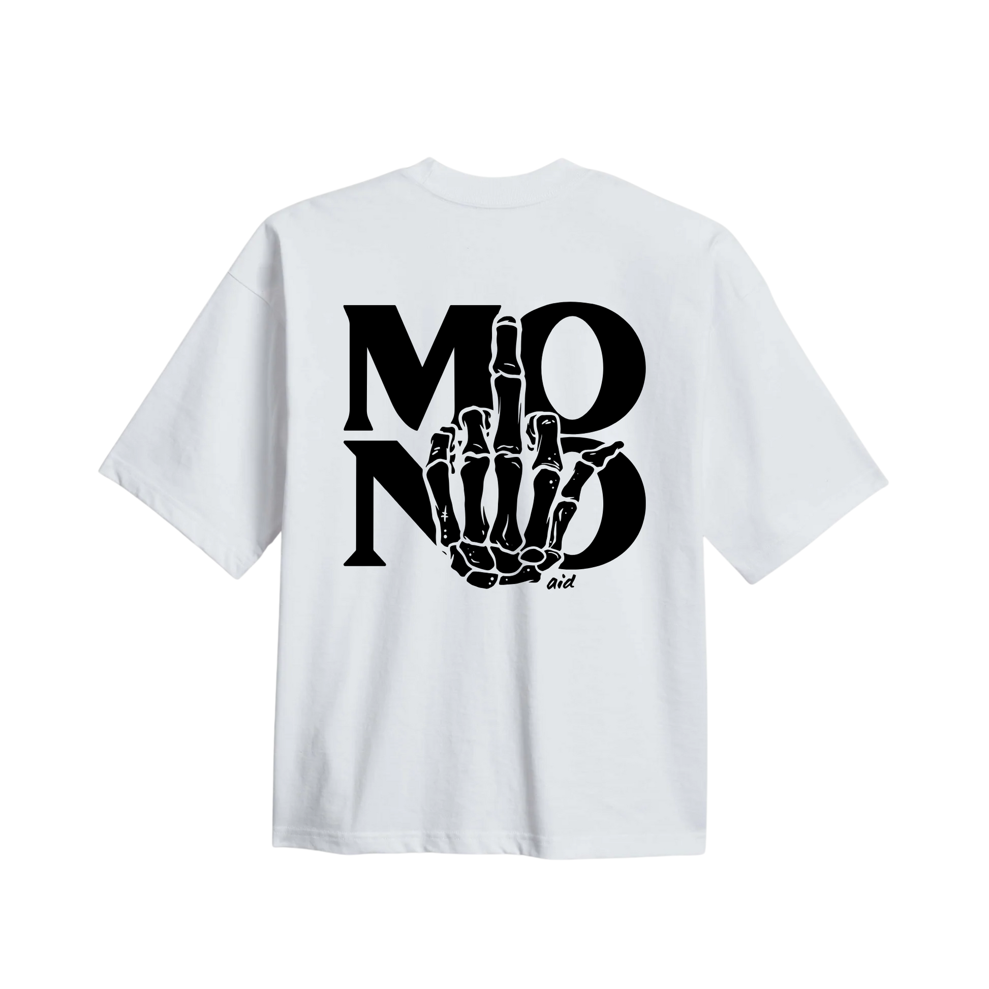 White Aid t-shirt with black graphic design on the back that says MONO