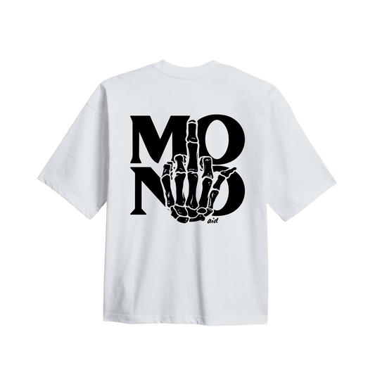 White Aid t-shirt with black graphic design on the back that says MONO