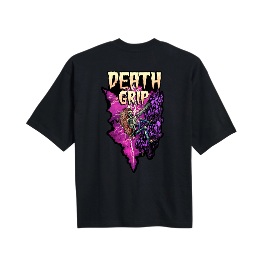 Black Aid t-shirt with 'Death Grip' graphic design on a white background