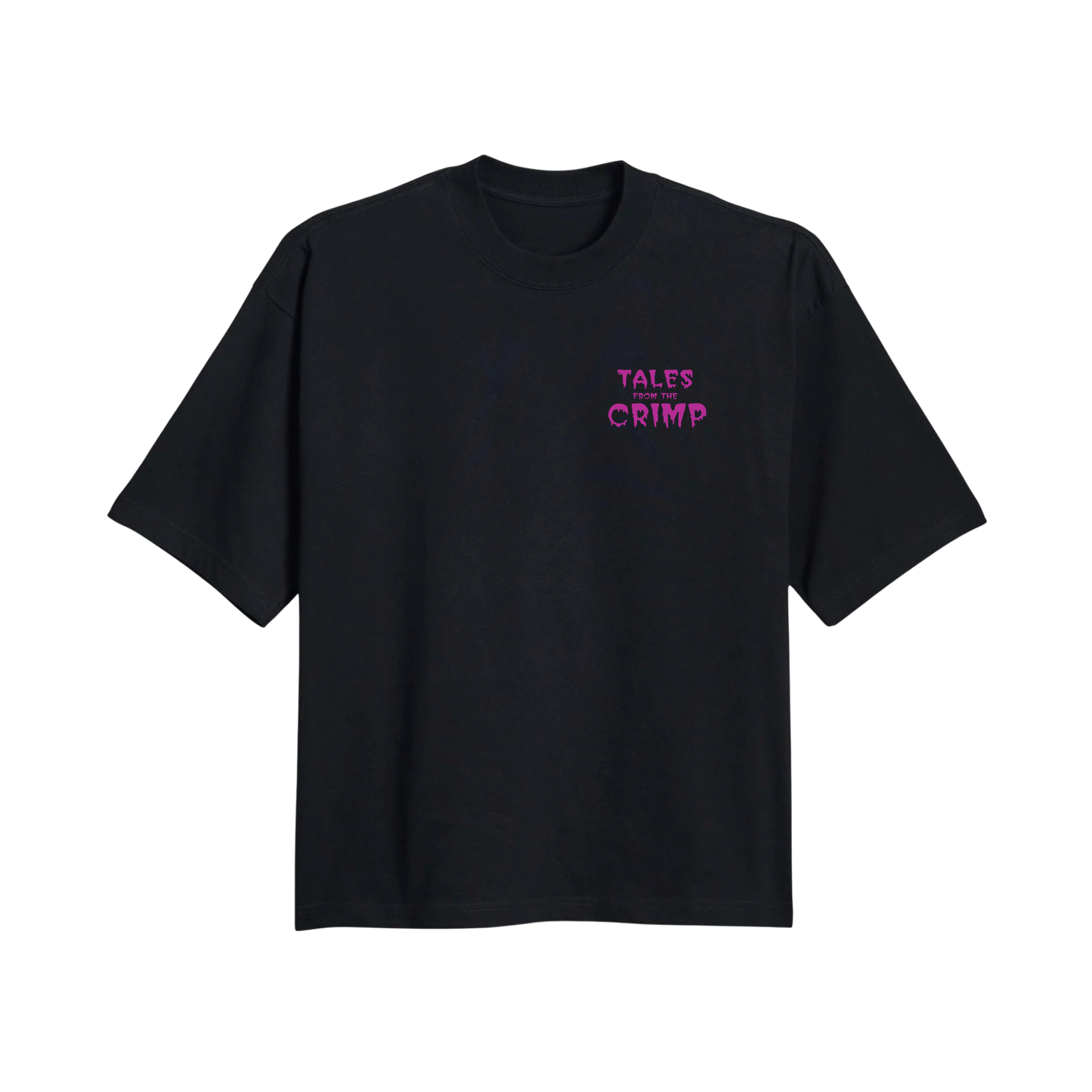 Black Aid t-shirt with pink text that says, Tales from the Crimp