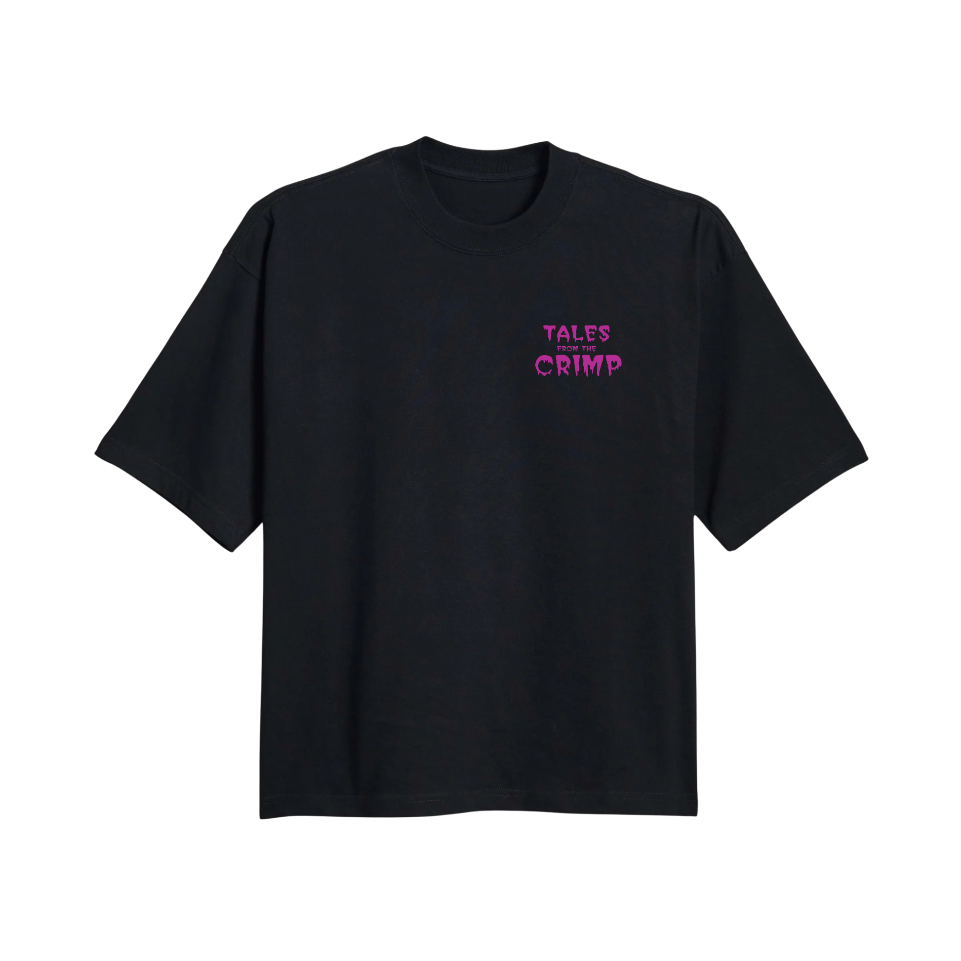 Black Aid t-shirt with pink text that says, Tales from the Crimp