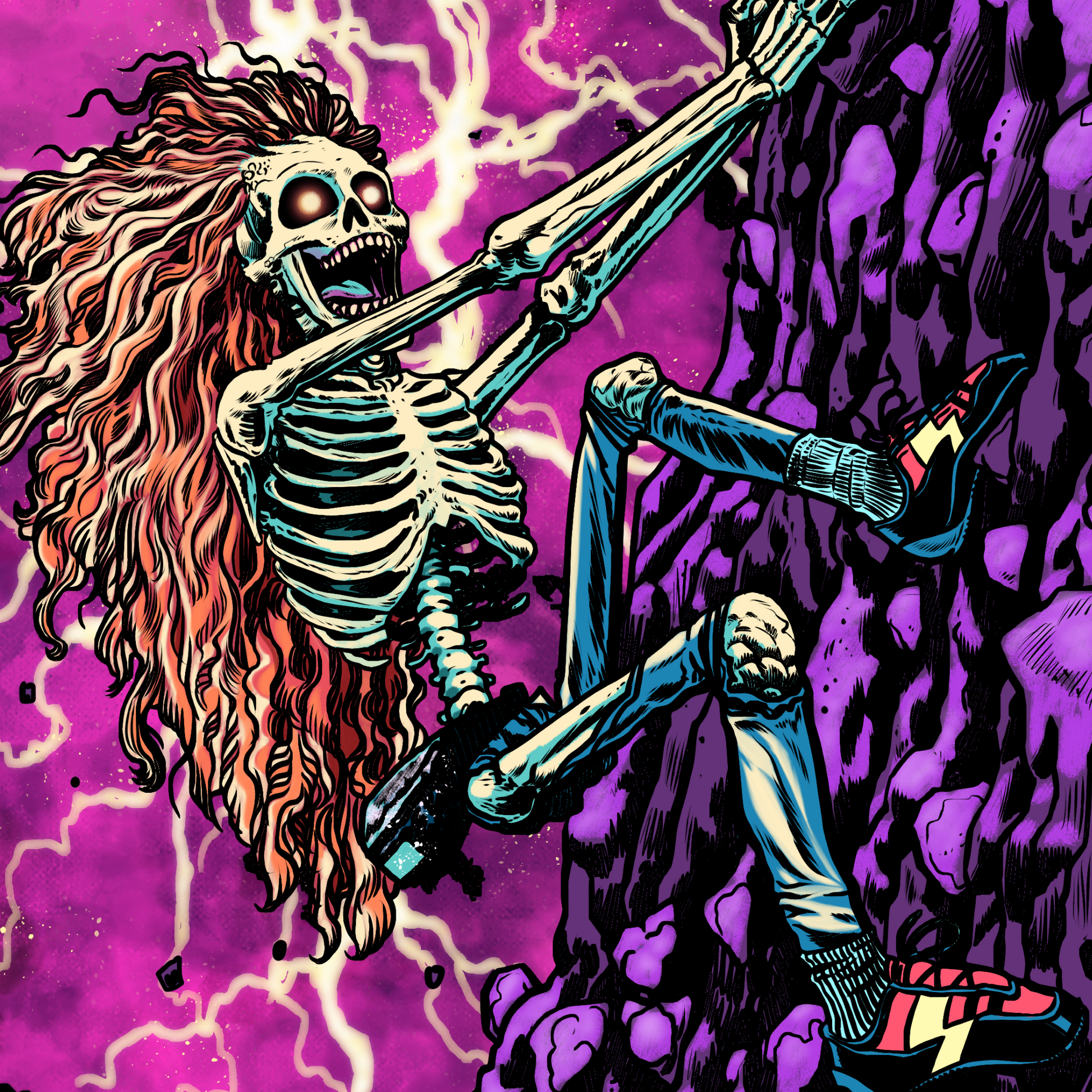 Skeletal figure with long hair and colorful outfit against a purple background for the Aid Death Grip tee
