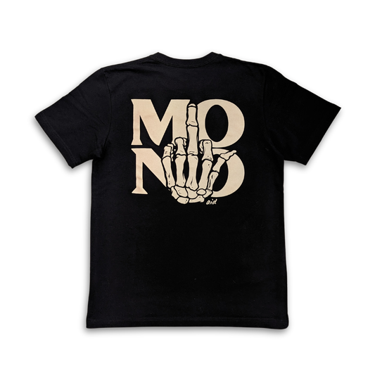Black Aid t-shirt with beige skeleton hand graphic, looks like a middle finger