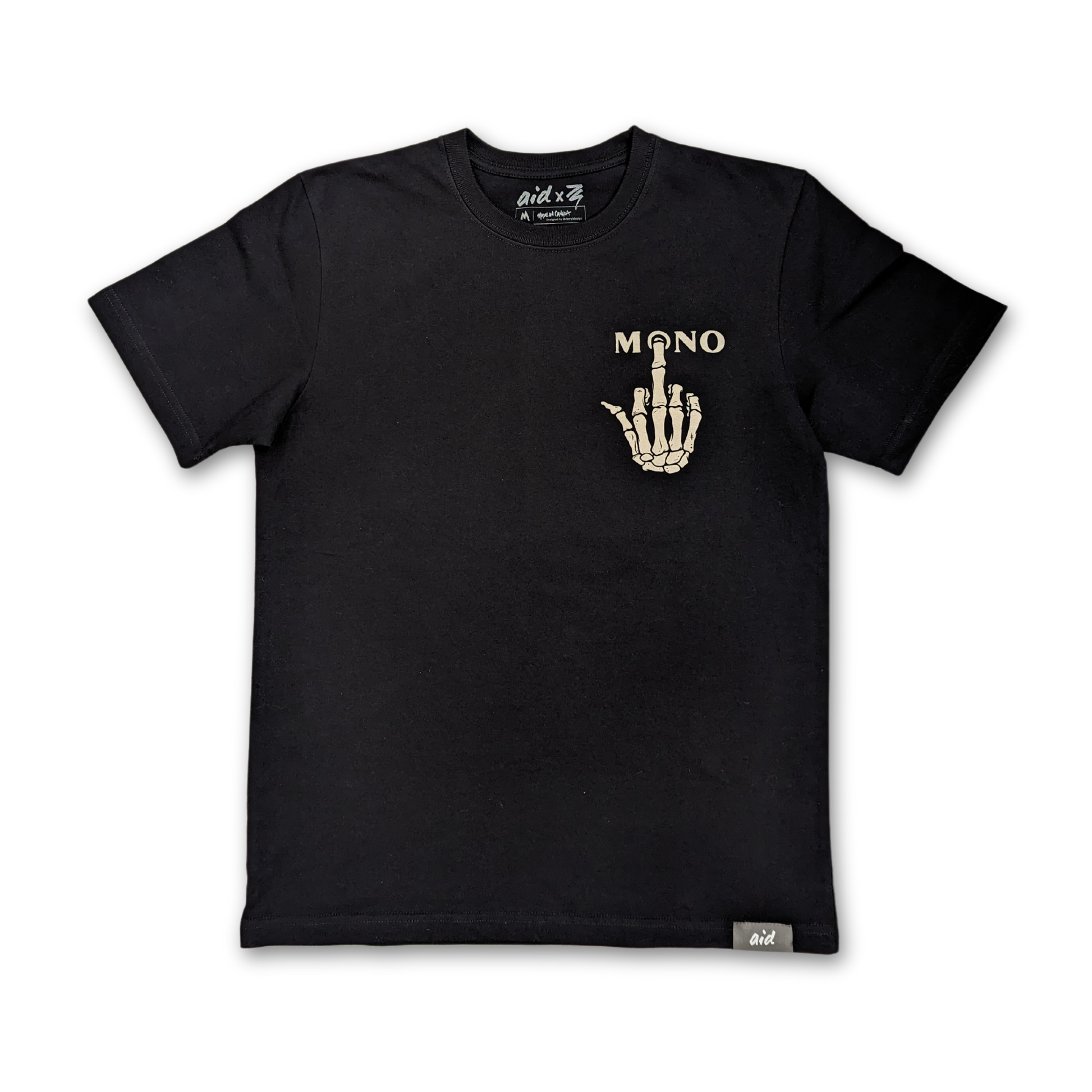 Black Aid t-shirt with skeleton hand and 'MONO' text design, looks like a middle finger