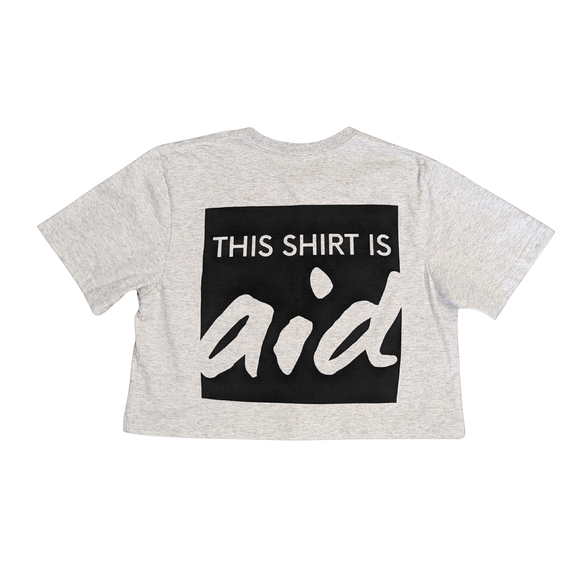 Cream t-shirt with black square and white text, says This Shirt is Aid
