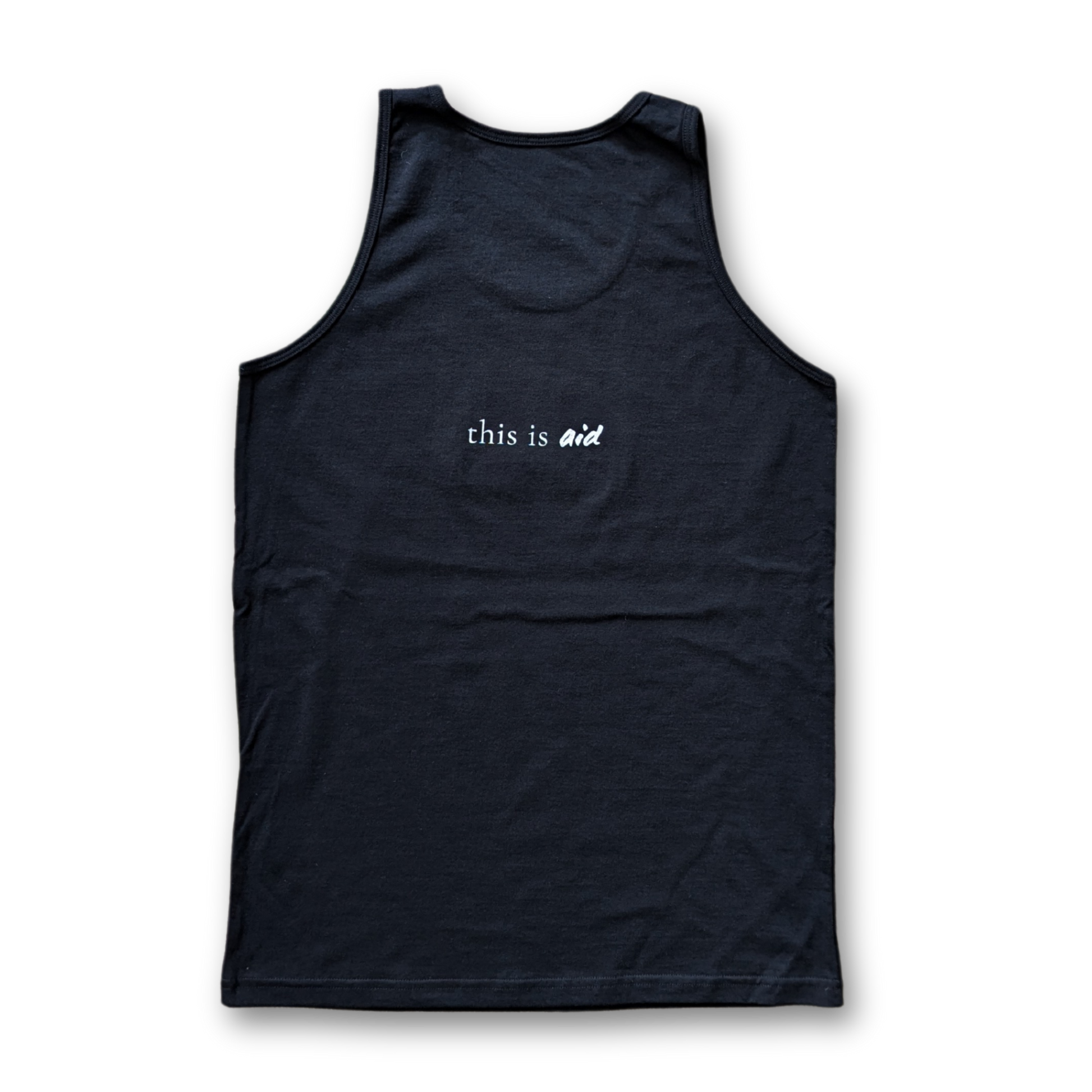 Black Aid tank top with 'this is aid' text on a white background